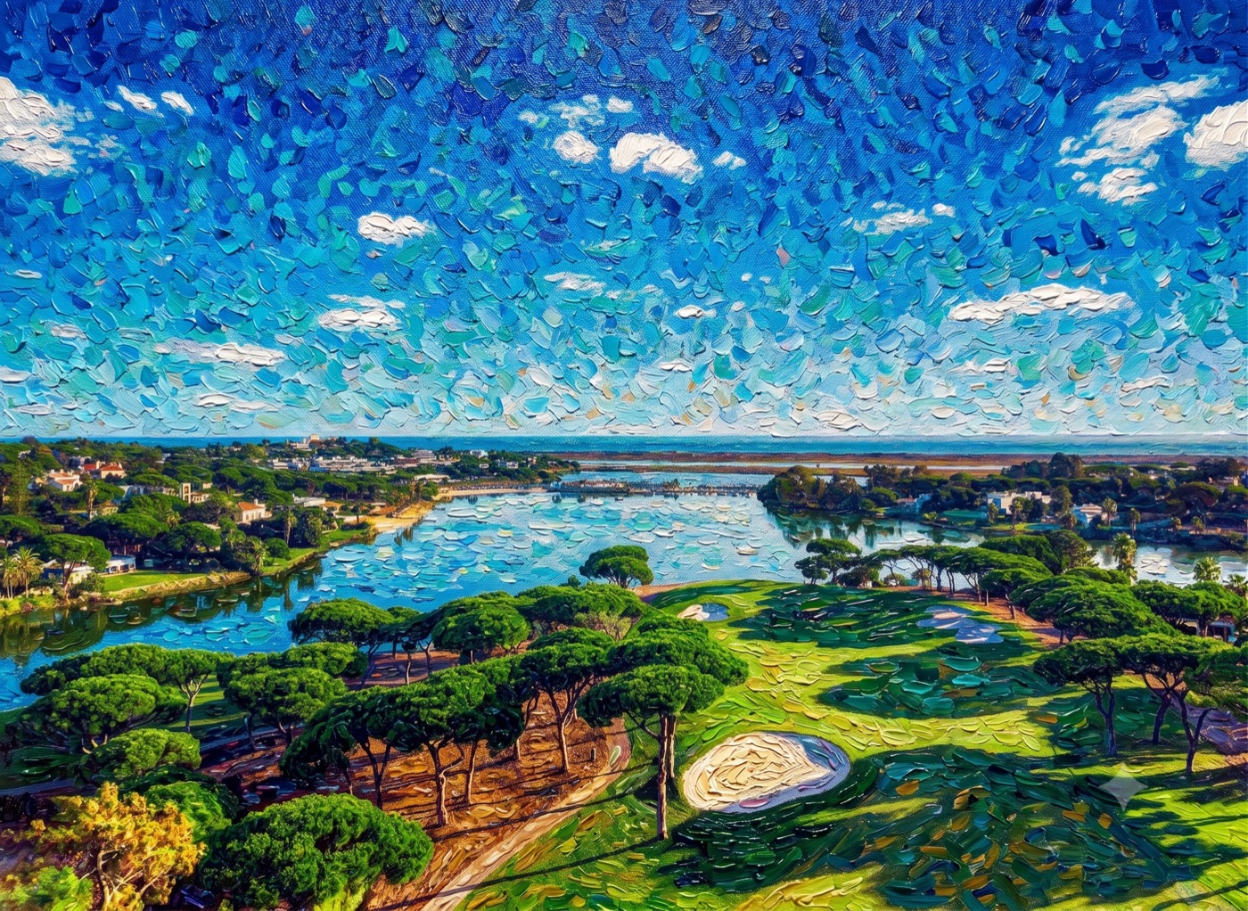 Quinta do Lago e Vale do Lobo — pintura da ria, pinheiros mansos e campo de golfe
